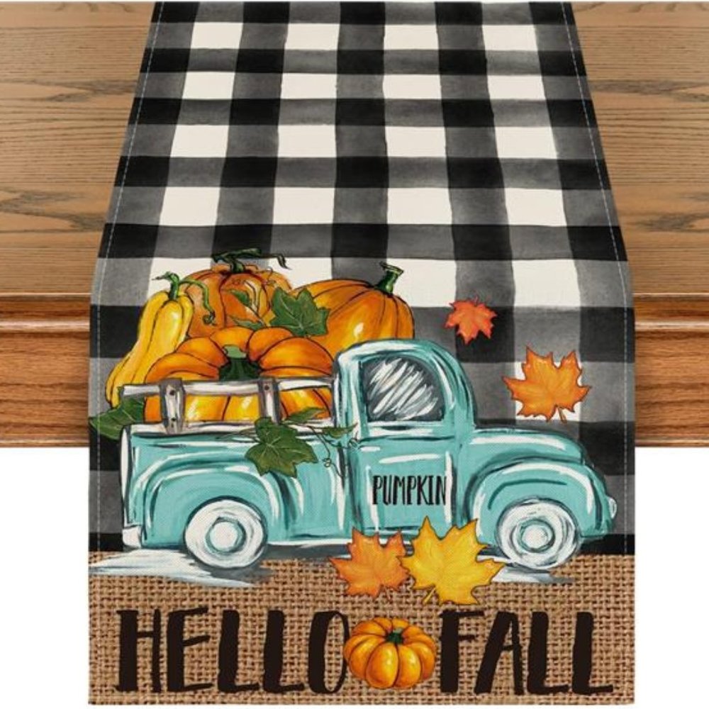 Fall Table Runner Thanksgiving Decor Pumpkin Truck Country Cottage Decoration